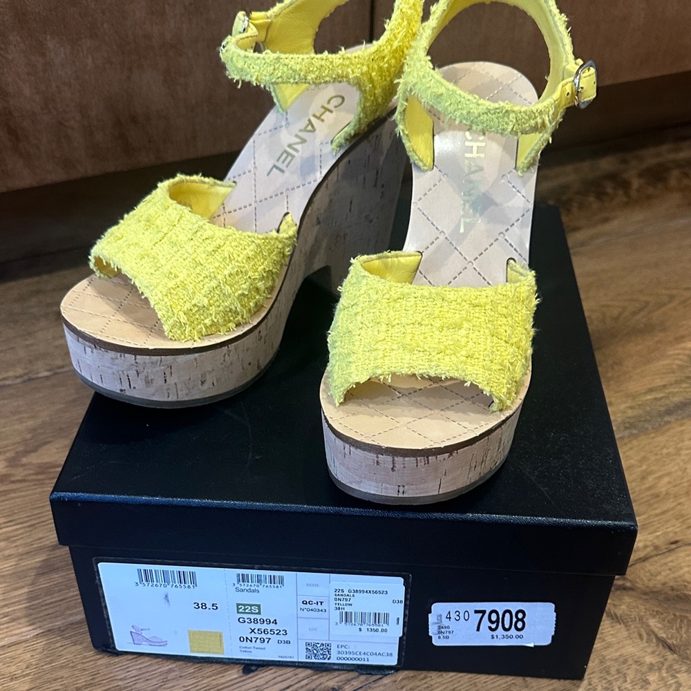 CHANEL Yellow Tweed Wedge Sandals - Picture 8 of 8